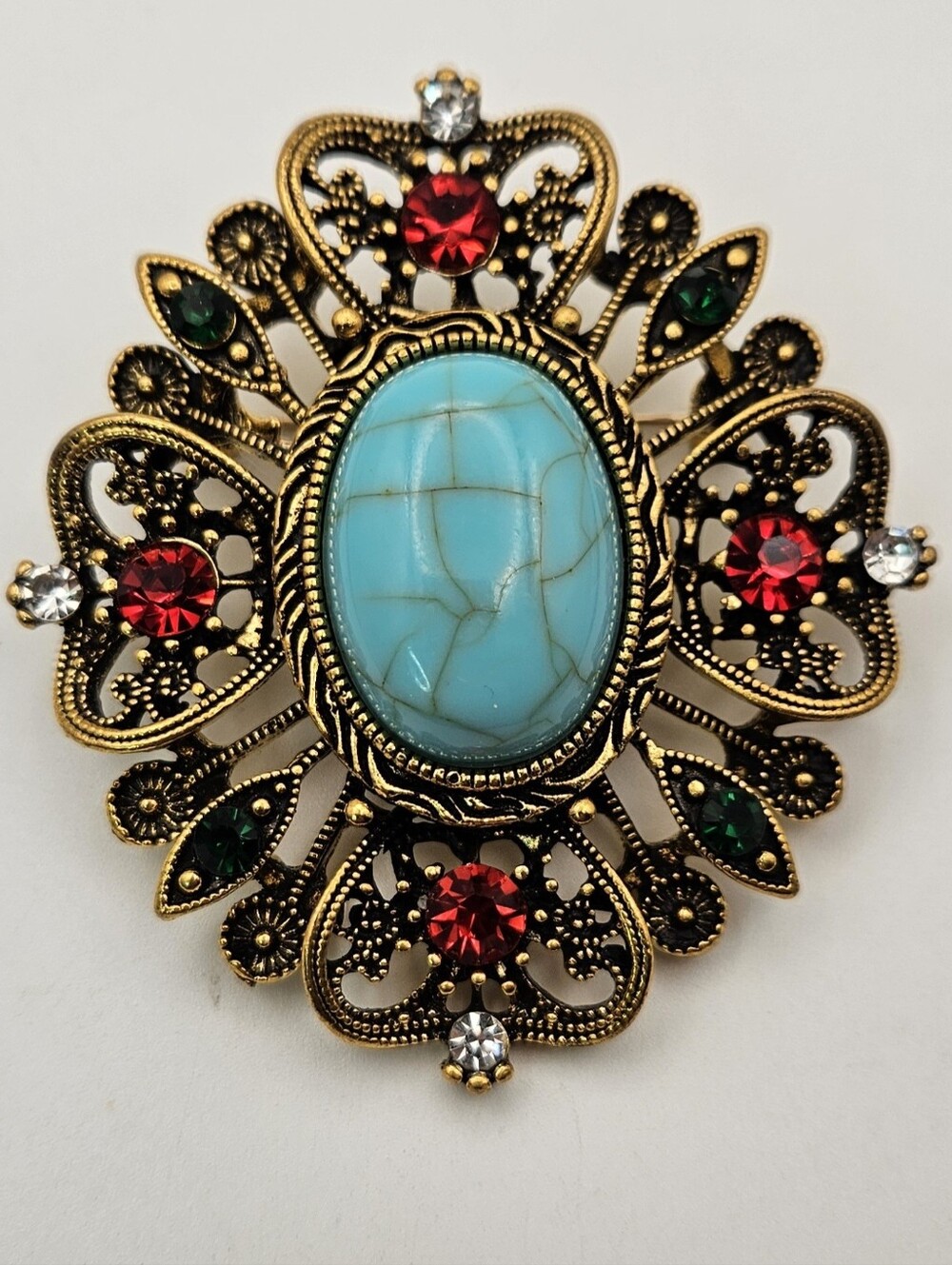 Gold Tone Brooch Pin Faux Turquoise Red Green Rhinestone Openwork